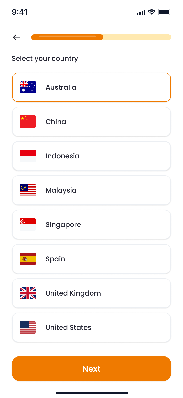 Profile setup and country selection screen