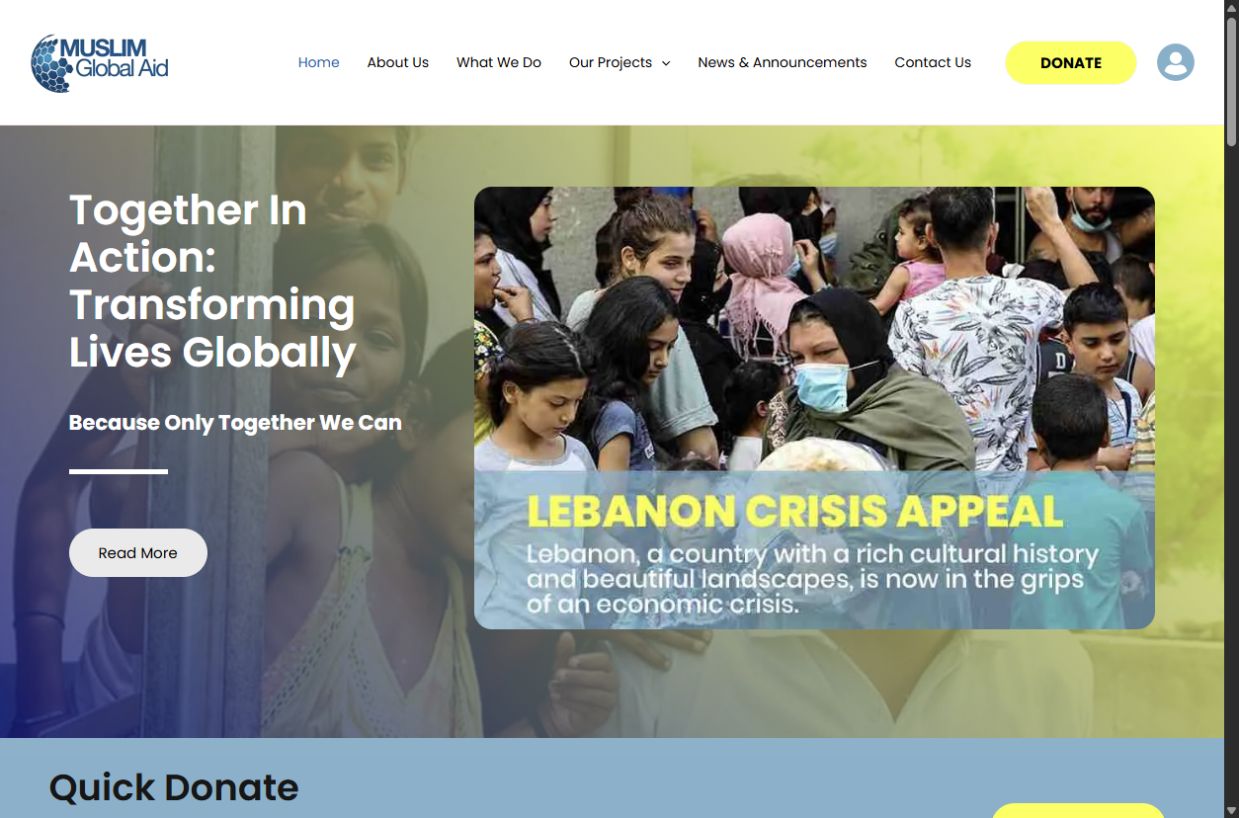 Desktop screenshot of Muslim Global Aid's homepage and featured appeal