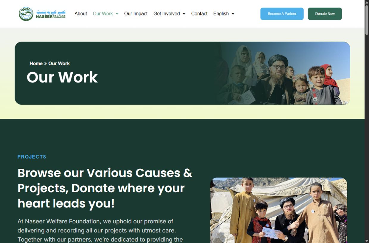 Desktop screenshot of the Naseer Welfare Foundation Our Work page