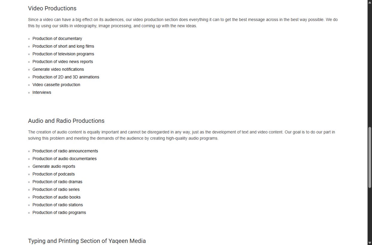 Desktop screenshot of Yaqeen Media's What We Do page showing production services